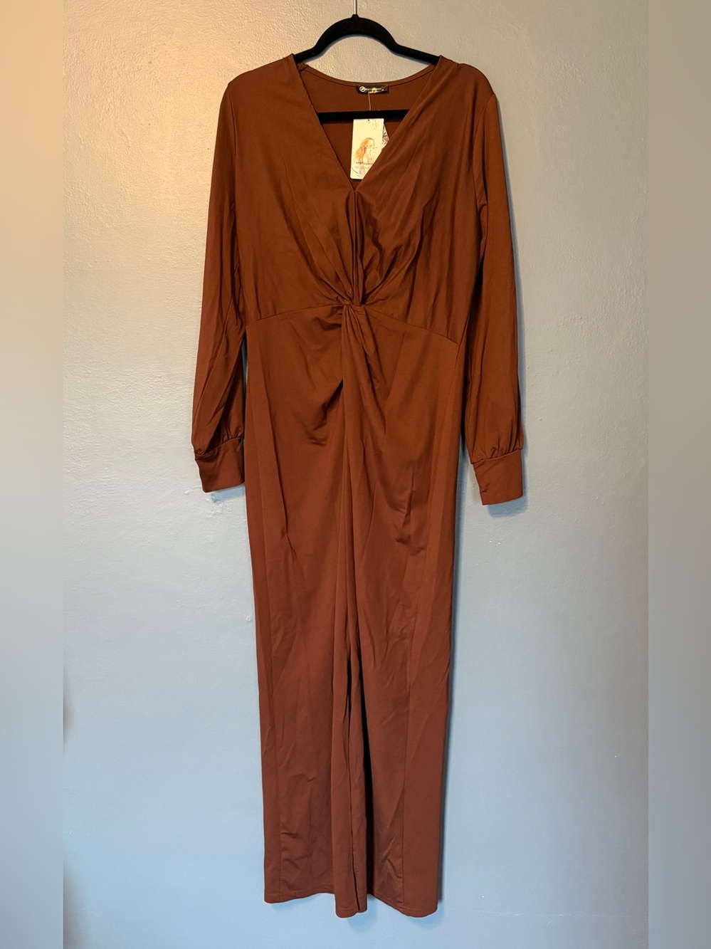 Prettygarden Women's Long Sleeve V-Neck Twist Front Maxi Dress Brown, NWT. Sz XL